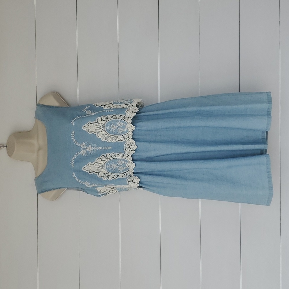 MAISON JULES Size M Light Blue Dress with White Embroidery Detail